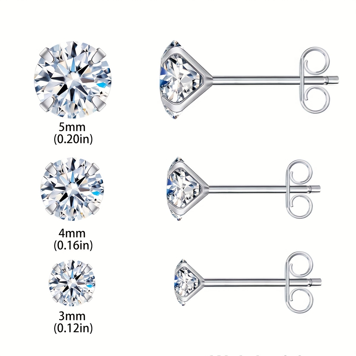 3 Pairs Sterling Silver Sparkling Stud Earrings Set